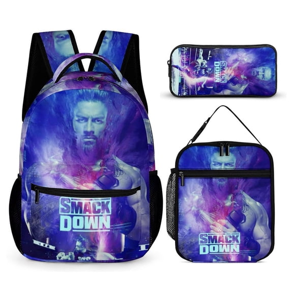 3-PieceW-W-E Roman Reigns Large Capacity Anime Backpack with Lunch Bag & Pen Case | Casual Schoolbag for Travel, Outdoor, Fashion Daypack