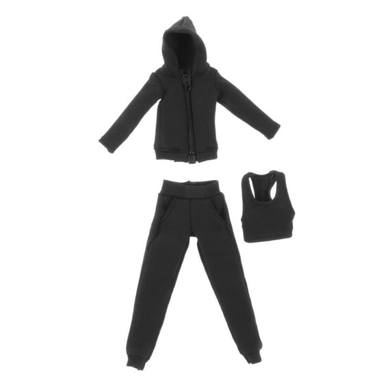 3 Pieces 1/12 Scale Hoodie Pants and Vest Costume for 6in Doll Model Figures Black