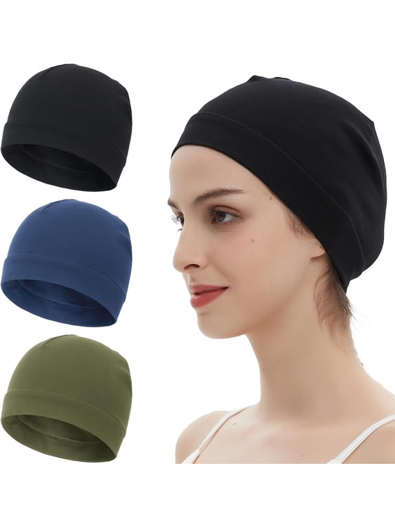 3 Pieces 100% Cotton Skull Caps Beanie for Men Women Lightweigt Night Cap Sleep Hats Breathable Helmet Liner