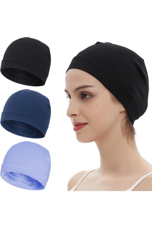 3 Pieces 100% Cotton Skull Caps Beanie for Men Women Lightweigt Night Cap Sleep Hats Breathable Helmet Liner