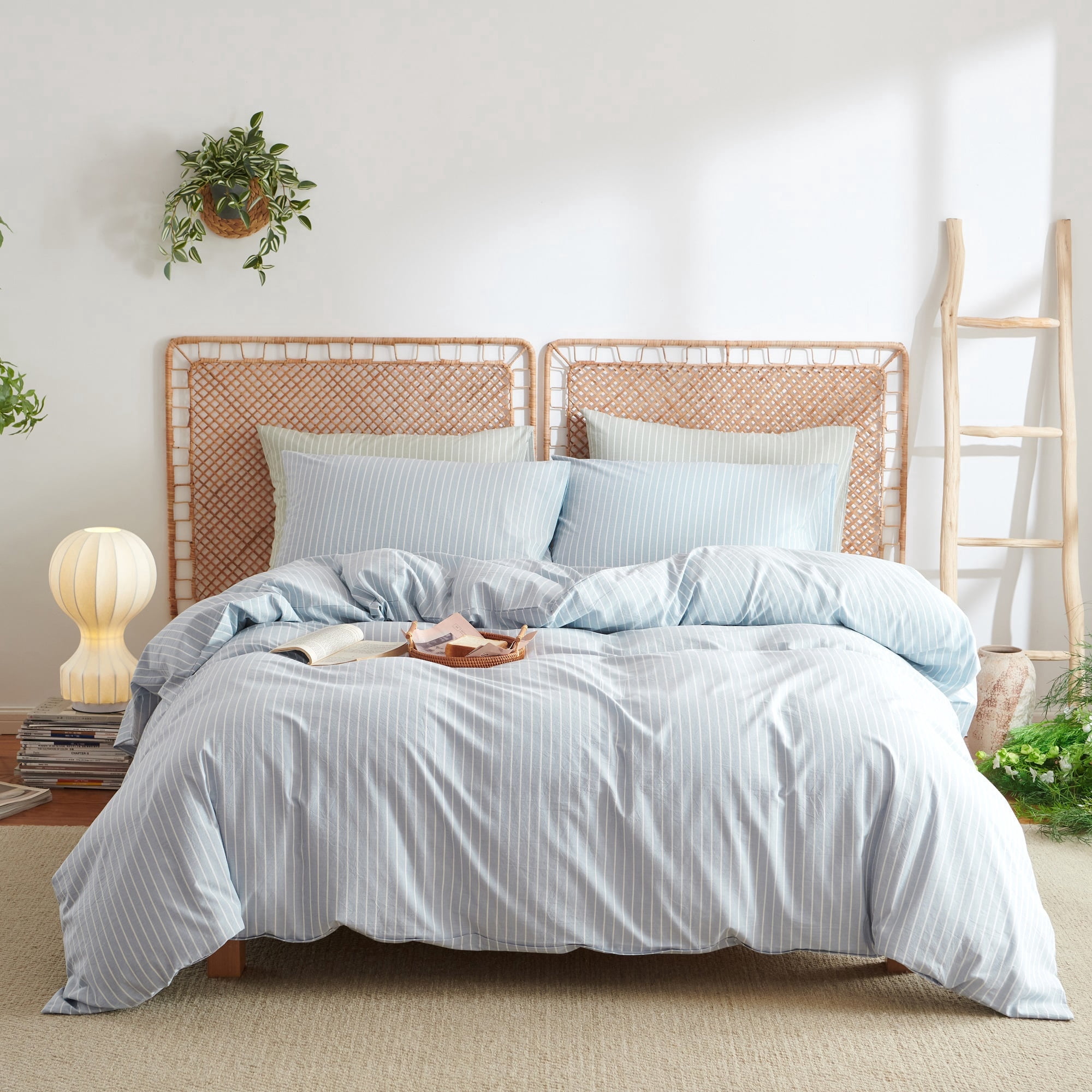 3 Pieces 100% Washed Cotton White Blue Striped Duvet Cover Set Breathable Durable Soft Queen Bedding Set for All Season with Zipper Closure Corner Ties