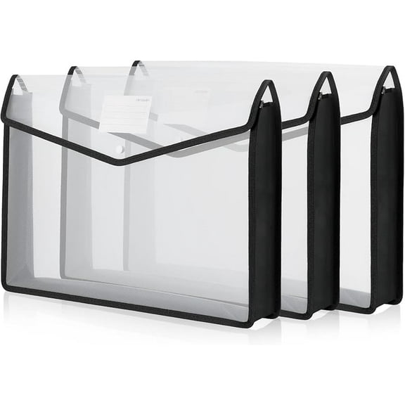 3 Pieces 11 x 17 inch Expandable Tabloid Size Documents Folder with Snap Closure Black Horizontal Large Clear Organizer Storage with Label Plastic Envelopes Expanding File Folder (Clear)