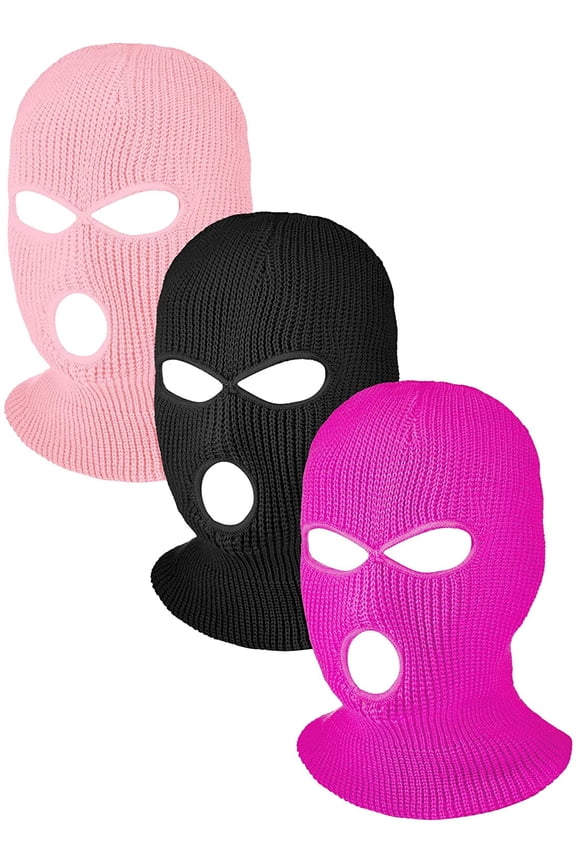 3 Pieces 3 Holes Ski Mask Full Face Cover Outdoor Balaclava Winter Knitted Neck Gaiter for Adult Sports Cycling (Black, Pink, Rosy)