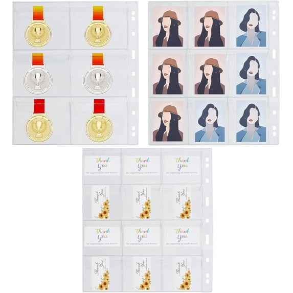 3 Pieces 3 Style Award Medal Binder Pages Organizer Storage Display PVC Plastic Storage Bags 6-Pocket 9-Pocket 12-Pocket for Storage in Folder Badge Ring-Binder Credit Cards Photo DIY