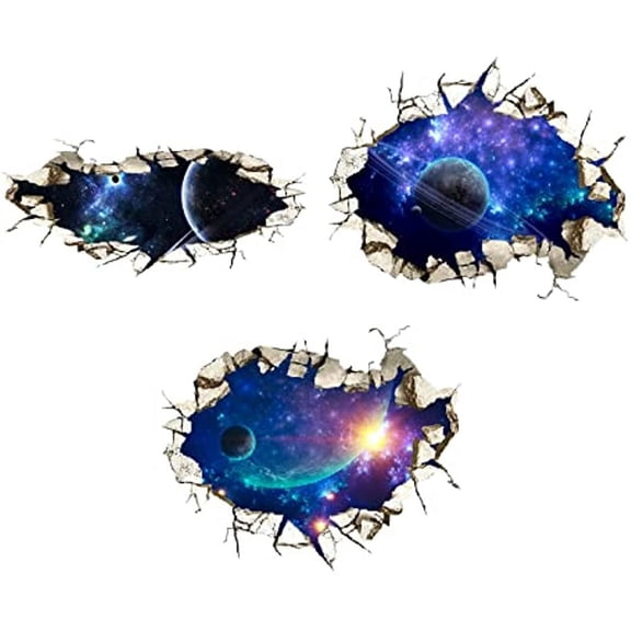 3 Pieces 3D Space Wall Decor Stickers Broken Space Decal Sticker Outer Space Planet Stickers Murals Wallpaper Decor