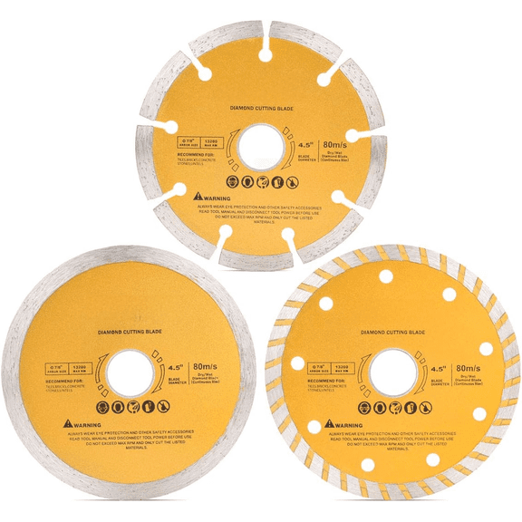 3 Pieces 4-1/2 inch Diamond Cutting Blade Continuous Segmented Turbo Rim Dry Wet Circular Saw Cutter Angle Grinder Disc 7/8 inch Arbor with Reducing Ring 5/8 inch for Tile Masonry
