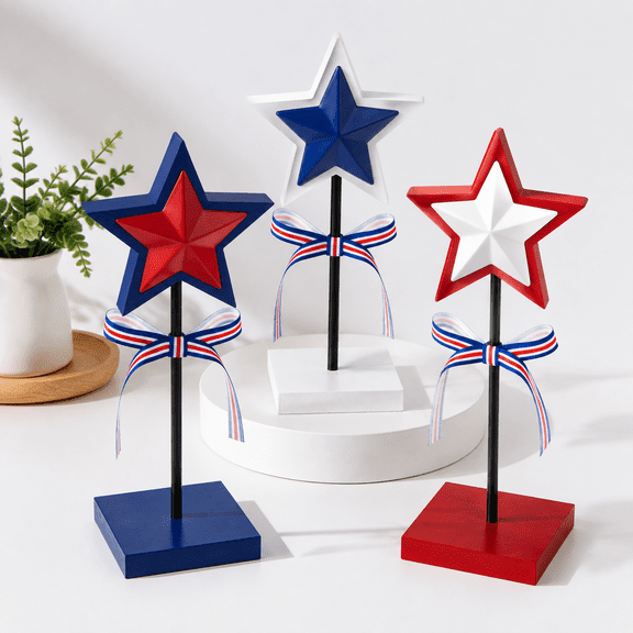 3 Pieces 4th Of July Tiered Tray Decor Wood Star Set Memorial Day Table Decorations Rustic Patrired White And Blue For Home Table