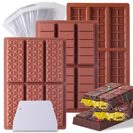 3 Pieces 6 Cavities Chocolate Bar Mold Deep with Bags Scraper, Thick Chocolate Bar Mold for Stuffed Bar, Silicone Chocolate Mold for Filling Knafeh Pistachio Chocolate Bar Kitchen Birthday