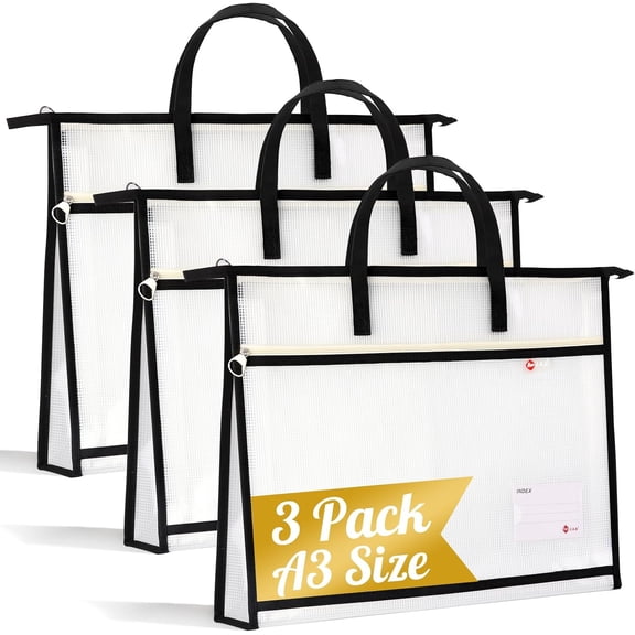 3 Pieces A3 11 x 17 Folder with Handle Expandable File Folder Expandable Tabloid Black Clear File Folder Portfolio Large for Documents Zipper Horizontal Organizer Storage for Plots Charts