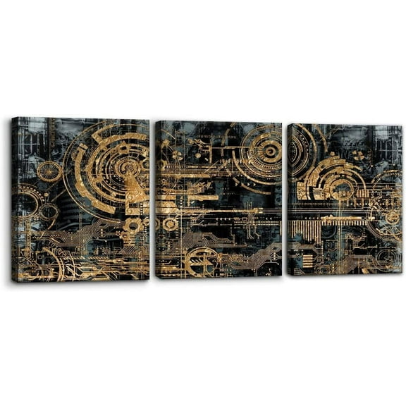 3 Pieces Abstract Canvas Wall Decor Electronic PC Motherboard Circuit Collage Abstract Technology Digital Art Modern Artwork Alternative Urban Shapes Framed Wall Art - 12"x16"x3 Panels