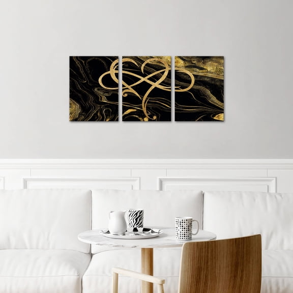 3 Pieces Abstract Infinity Heart Canvas Wall Art Infinity Love Black and Gold Marble Picture Romantic Artwork for Couple Bedroom Home Decor Ready to Hang 16x12inchx3pcs (Black)