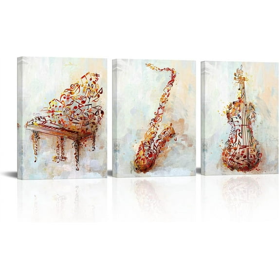 3 Pieces Abstract Music Canvas Wall Art Colorful Musical Instruments Pictures Violin Saxophone Piano Painting Prints Artqork for Bedroom Musci Studio Wall Decor Framed Ready to Hang 12"x16"x3pcs