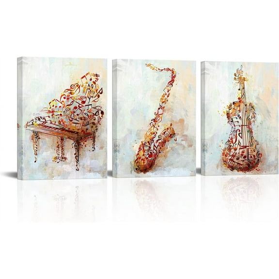 3 Pieces Abstract Music Canvas Wall Art Colorful Musical Instruments Pictures Violin Saxophone Piano Painting Prints Artqork for Bedroom Musci Studio Wall Decor Framed Ready to Hang 12"x16"x3pcs