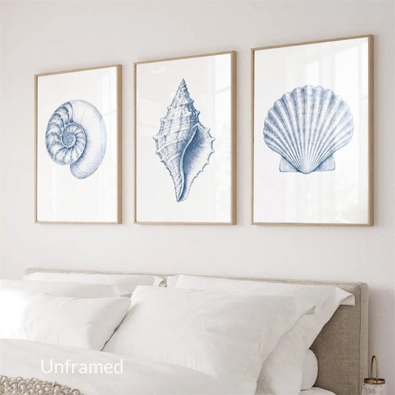 3 Pieces Abstract Oyster Shell Wall Art Poster Nautilus Conch Scallop Prints Canvas Painting Artwork for Beach House Coastal Home Decoration No Frame