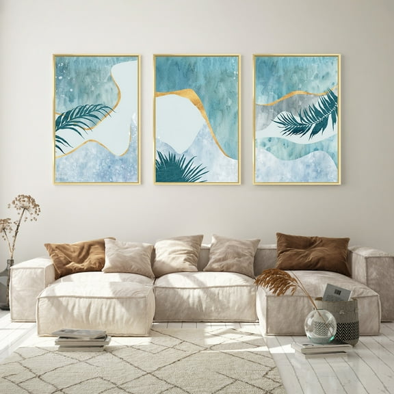 3 Pieces Abstract Watercolor Teal Canvas Prints Wall Art, Geometric Plant Leaf Art Prints Set, Metal Gold Frame