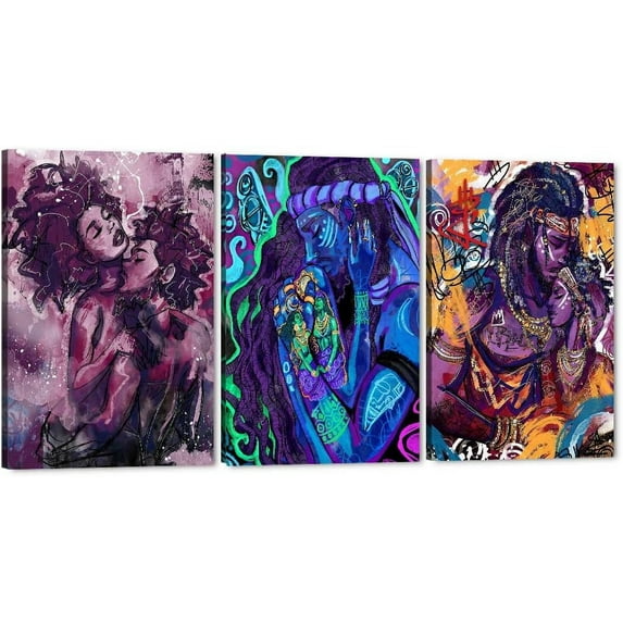3 Pieces African American Canvas Wall Art, Black Art King and Queen Paintings for Wall, Egyptian Crown Black Lover Drawing for Bedroom Living Room Unframed