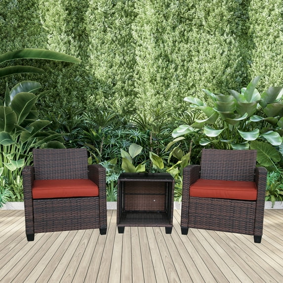 3 Pieces All-Weather Wicker Patio Conversation Set, Outdoor Patio Furniture Set, Outdoor Rattan Patio Table and Chairs Set, Wicker Patio Furniture with Cushions, Table for Yard,Pool or Backyard