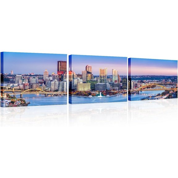 3 Pieces American Cityscape Canvas Paintings Home Decor Atlantic City Skyline Bathroom Decor Wall Art Dusk Cityscape Modern Artwork Print on Canvas Framed Ready to Hang 14x20 inch x3