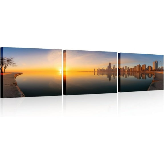 3 Pieces American Cityscape Canvas Paintings Home Decor Atlantic City Skyline Bathroom Decor Wall Art Dusk Cityscape Modern Artwork Print on Canvas Framed Ready to Hang 14x20 inch x3