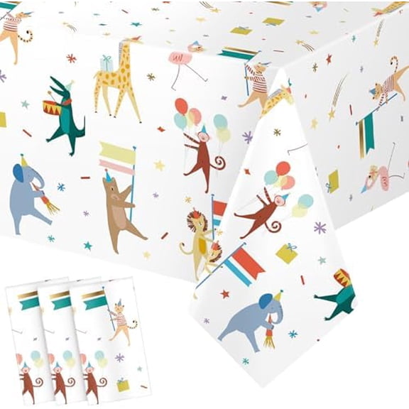 3 Pieces Animal Parade Party Tablecloths 108 × 54 Inch Safari Theme Table Cover, Plastic Disposable Table Cloth Zoo Party Supplies for Jungle Baby Shower, Animal Themed Birthday Decorations