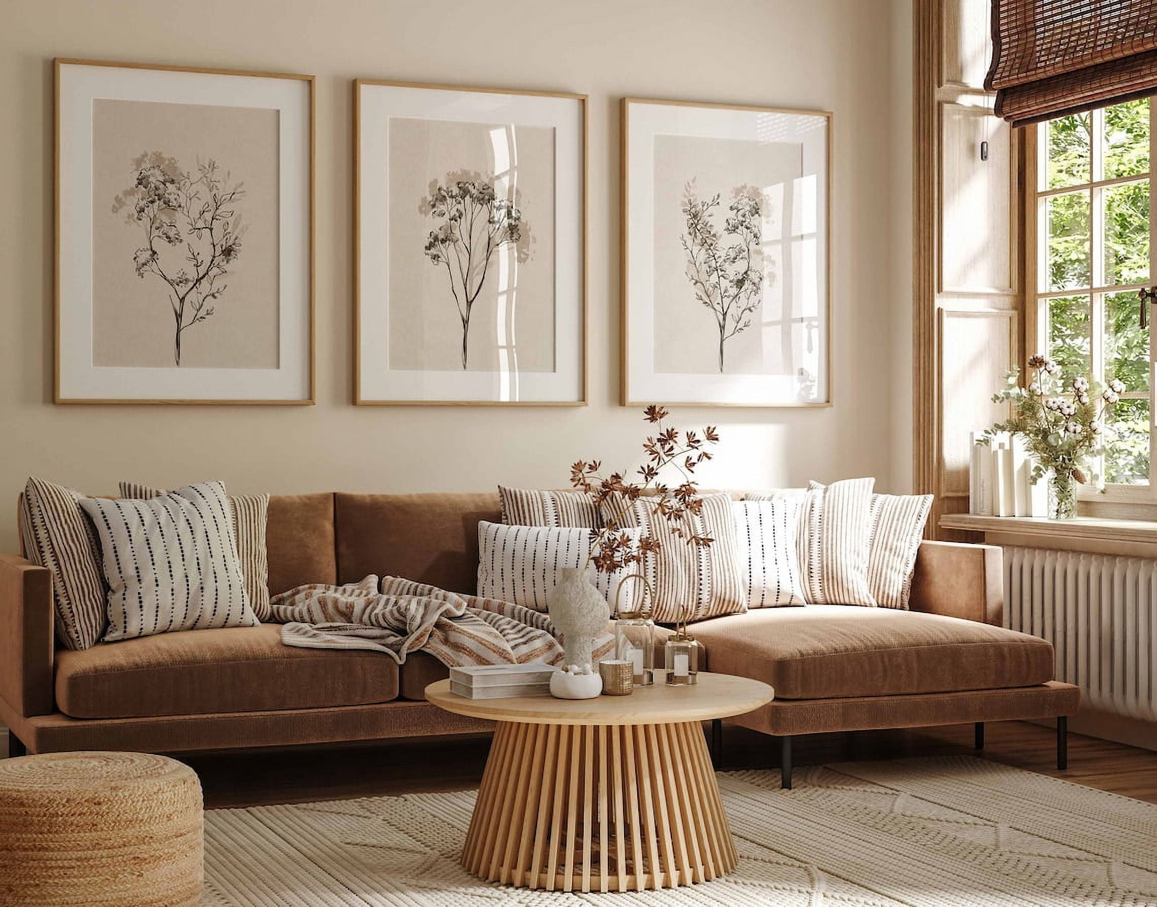 3 Pieces Art Prints Beige Botanical Line Poster Pictures Botanical Canvas Wall Painting for Home Office Decoration with Inner Frame