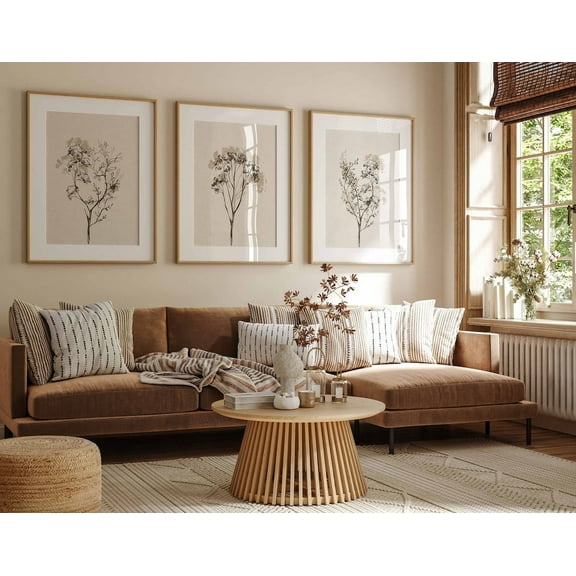 3 Pieces Art Prints Beige Botanical Line Poster Pictures Botanical Canvas Wall Painting for Home Office Decoration with Inner Frame