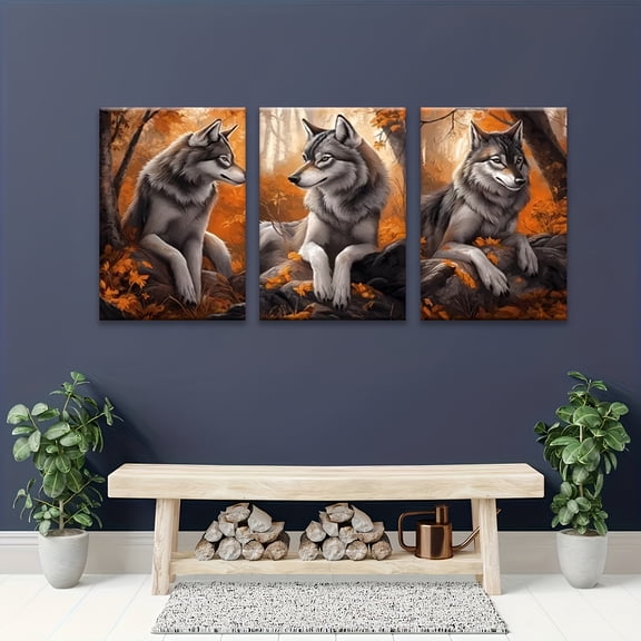 3 Pieces Autumn Wolf Wall Art - Modern Oil Painting Print, Artistic Decorative Style, Suitable for Living Room, Bedroom, Office Decoration, Home Decor, Frameless Canvas