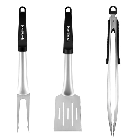 3 Pieces BBQ Grill Tool Kit with Stainless Steel Spatula Fork & Tong - BRANDMAN GRILLS SINCE 1987