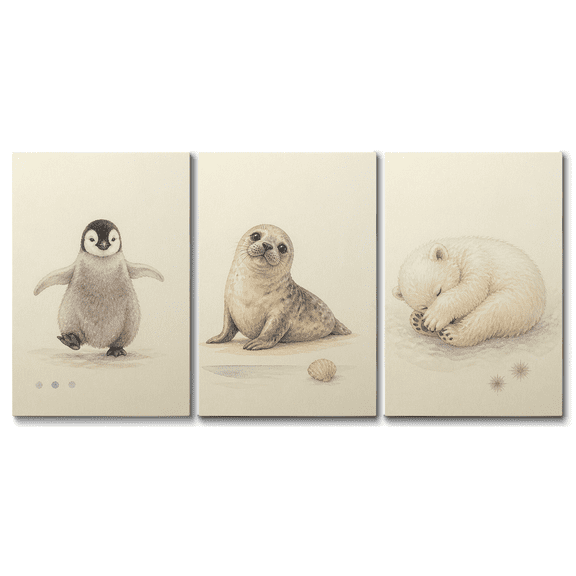 3 Pieces Baby Animals Canvas Wall Art Cute Penguin Seal Polar Bear Print, Watercolor Neutral Artwork Safari Cubs Picture Paintings for Nursery Bedroom Home Decor