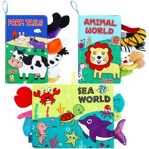 3 Pieces Baby Soft Cloth Books 0-6 Months High Contrast Sensory Baby Toys 6 to 12 Months Crinkle Touch Feel Teething Carseat Newborn Shower Gift,Farm/Animal/Sea