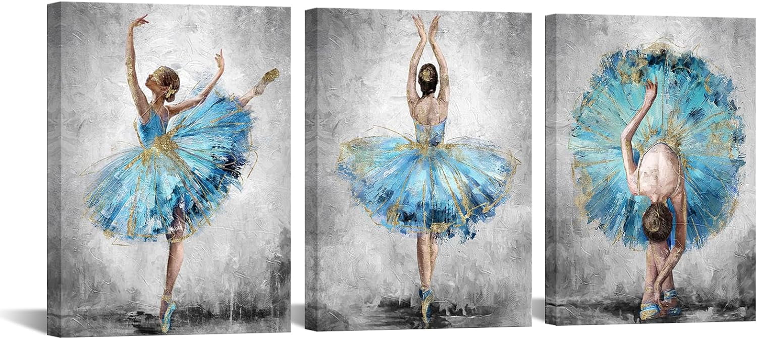 3 Pieces Ballerina Wall Art Elegant Ballet Girl Dancer Blue and Grey ...