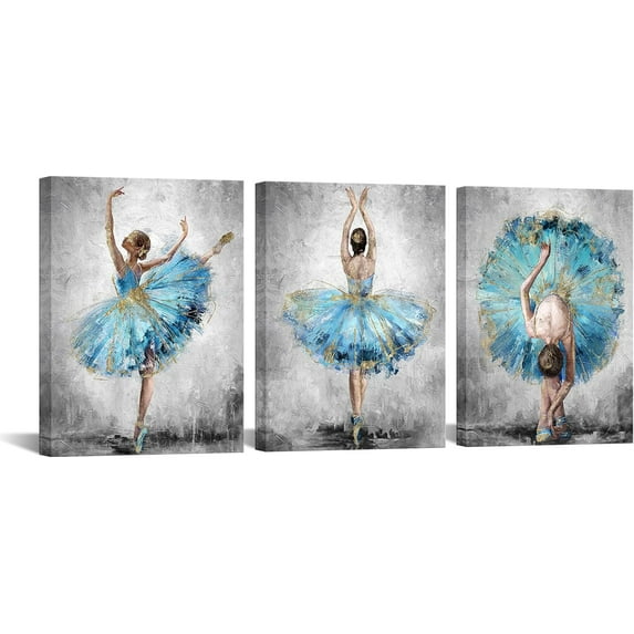 3 Pieces Ballerina Wall Art Elegant Ballet Girl Dancer Blue and Grey Contemporary Artwork for Bedroom Dance Room Living Room Ready to Hang 12x16inchx3pcs (Blue)