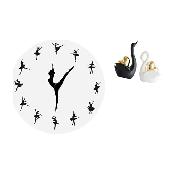 3 Pieces Ballerina Wall Clock Swan Sculpture Modern Ceramic Quiet Timepiece for Bedroom Kitchen