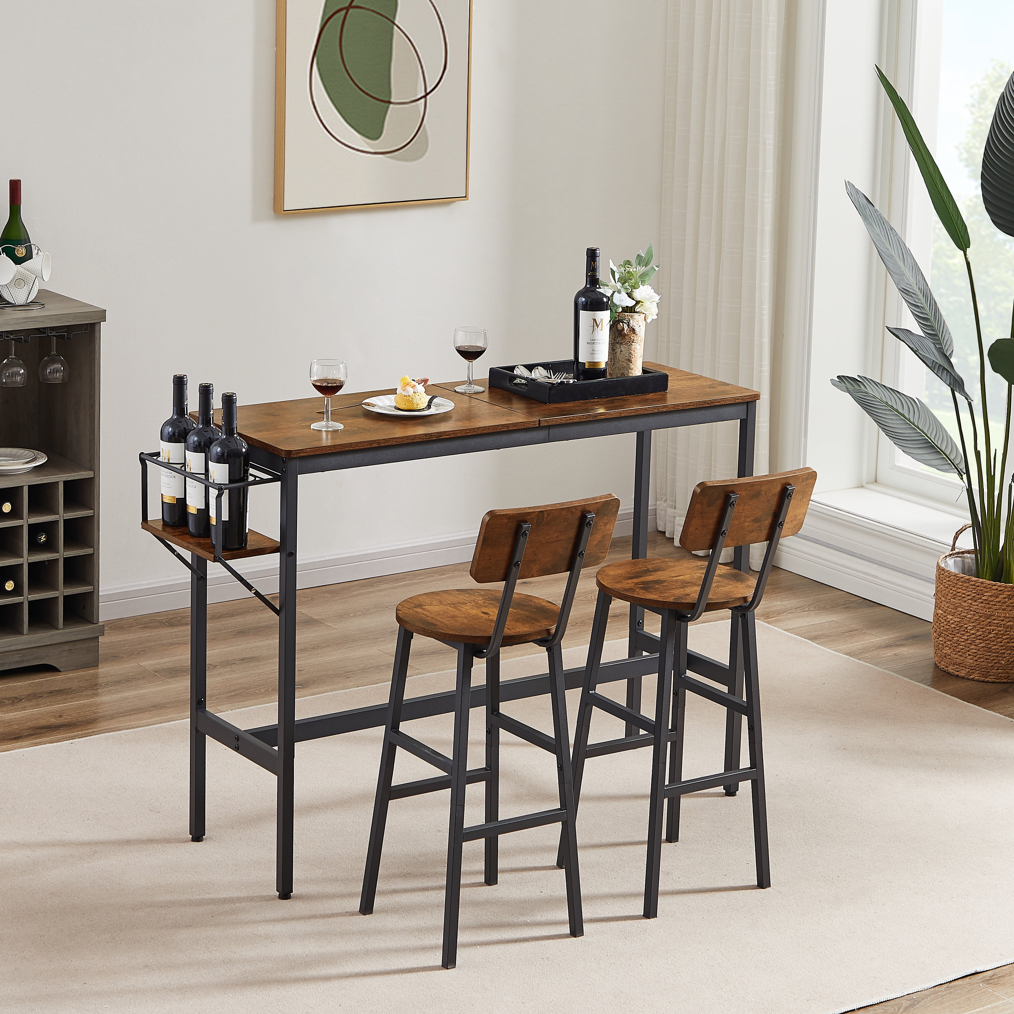 Rustic Brown Industrial Pub Table Set with Iron Frame and Collapsible Bottle Holder