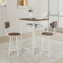3 Pieces Bar Table Set, Small Dining Table for 2, Breakfast Table with Storage, Modern Kitchen Bar Table with 2 Upholstered Stools with Backrest for Kitchen, Dining Room, White brown