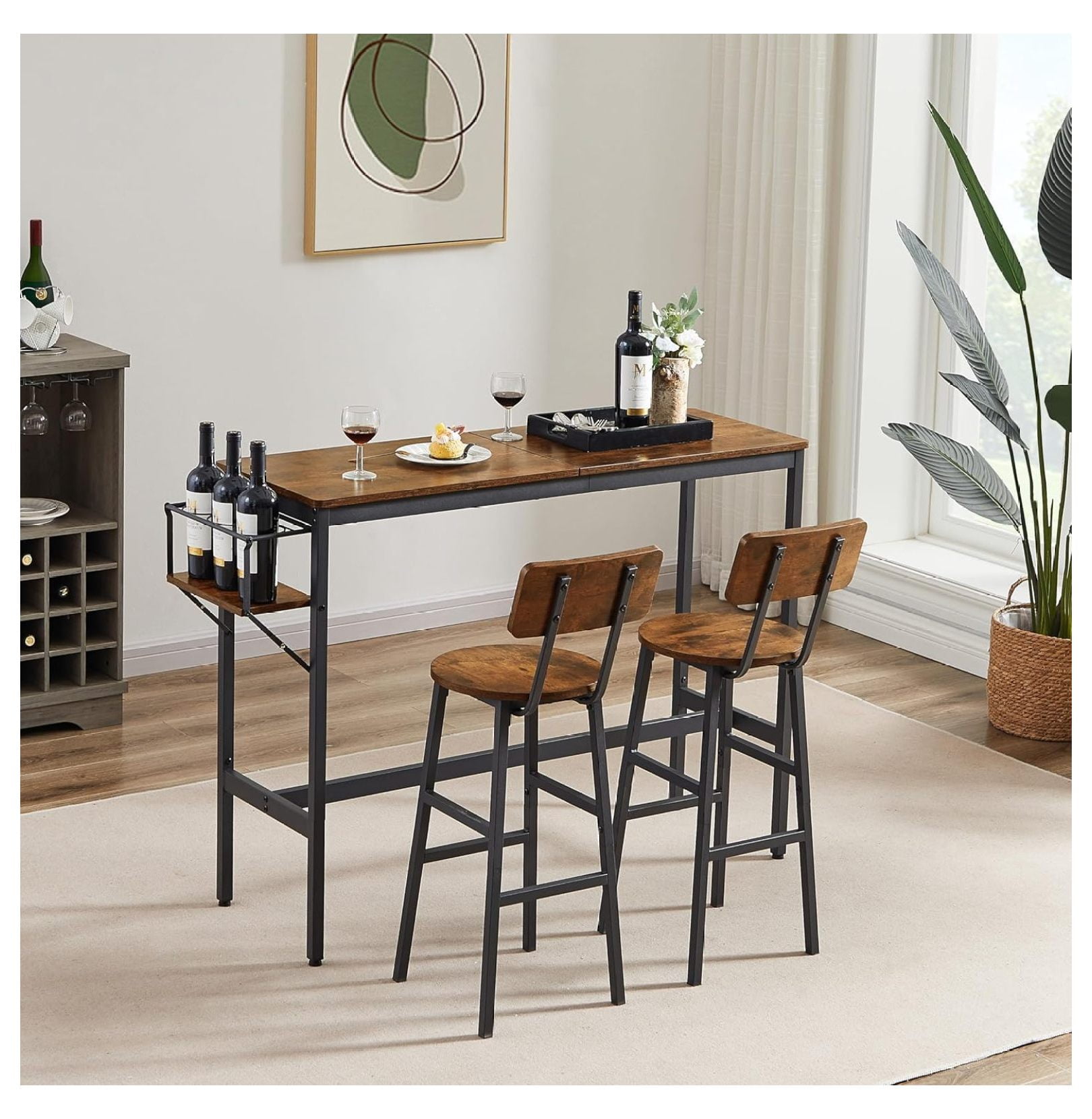 3 Pieces Bar Table and Stools Set, Bar Table with Folding Wine Holder ...