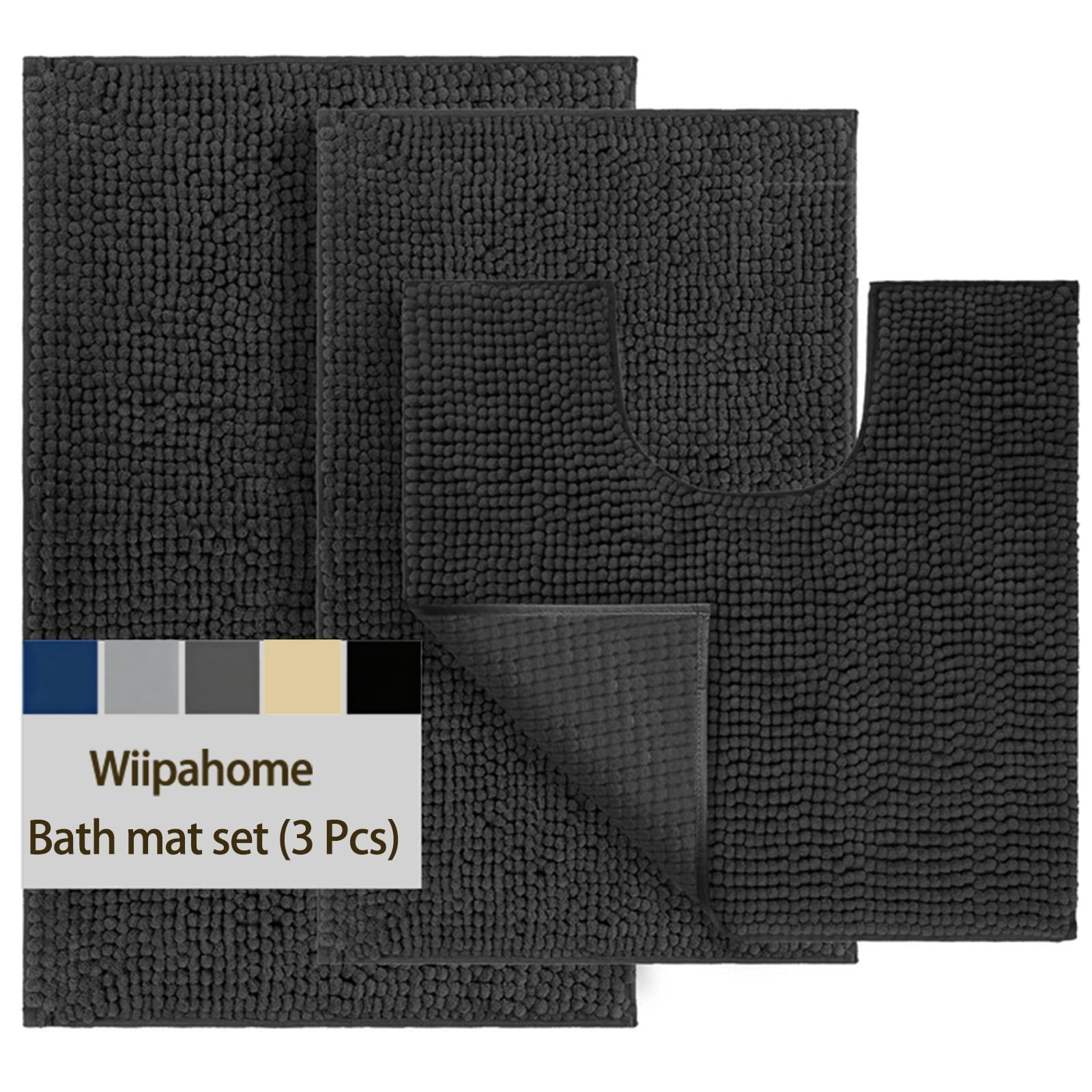 3 Pieces Bath Mat Set, Soft Chenille Bathroom Rugs Mat, Absorbent Spa Shaggy Bath Rugs Set, Machine Washable & Non Slip Bath Mats for Bathroom, Tub, Shower（Black）