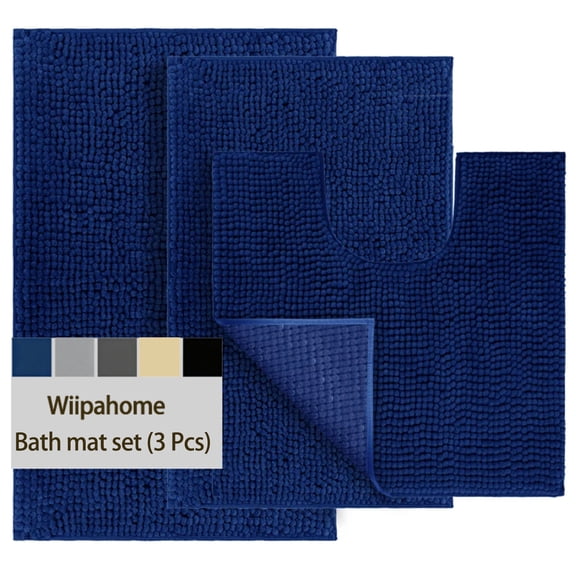 3 Pieces Bath Mat Set, Soft Chenille Bathroom Rugs Mat, Absorbent Spa Shaggy Bath Rugs Set, Machine Washable & Non Slip Bath Mats for Bathroom, Tub, Shower（Blue）