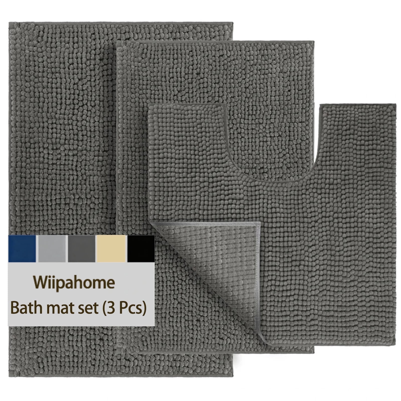 3 Pieces Bath Mat Set, Soft Chenille Bathroom Rugs Mat, Absorbent Spa Shaggy Bath Rugs Set, Machine Washable & Non Slip Bath Mats for Bathroom, Tub, Shower（Dark grey）