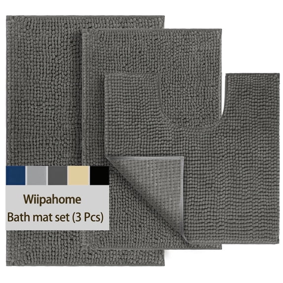3 Pieces Bath Mat Set, Soft Chenille Bathroom Rugs Mat, Absorbent Spa Shaggy Bath Rugs Set, Machine Washable & Non Slip Bath Mats for Bathroom, Tub, Shower(Dark grey)