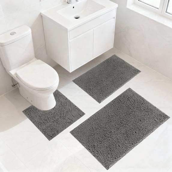 3 Pieces Bath Mat Set, Soft Chenille Bathroom Rugs Mat, Absorbent Spa Shaggy Bath Rugs Set, Machine Washable & Non Slip Bath Mats for Bathroom, Tub, Shower(Dark grey)
