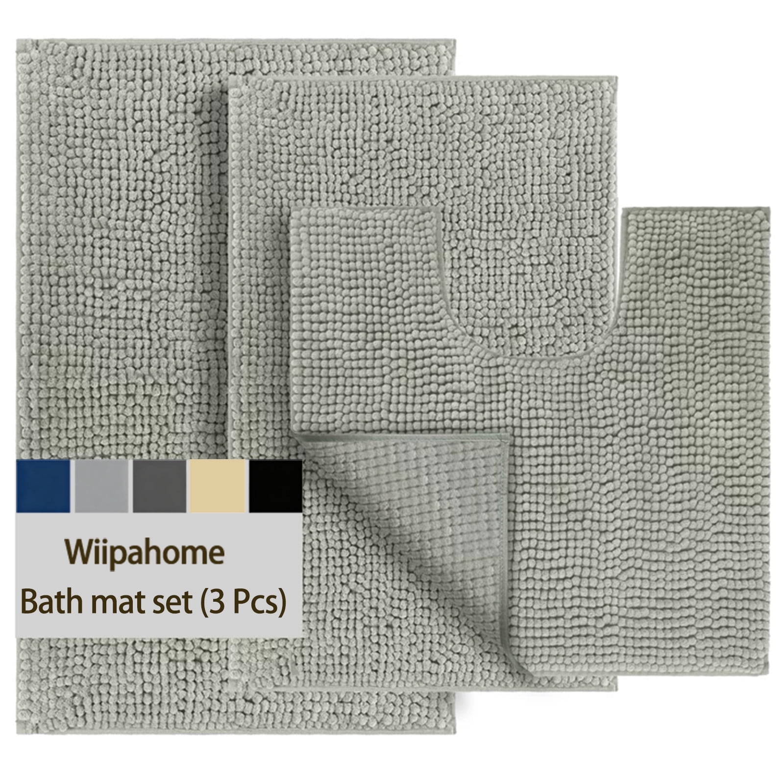 3 Pieces Bath Mat Set, Soft Chenille Bathroom Rugs Mat, Absorbent Spa Shaggy Bath Rugs Set, Machine Washable & Non Slip Bath Mats for Bathroom, Tub, Shower（Grey）