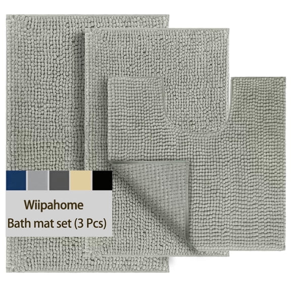 3 Pieces Bath Mat Set, Soft Chenille Bathroom Rugs Mat, Absorbent Spa Shaggy Bath Rugs Set, Machine Washable & Non Slip Bath Mats for Bathroom, Tub, Shower(Grey)