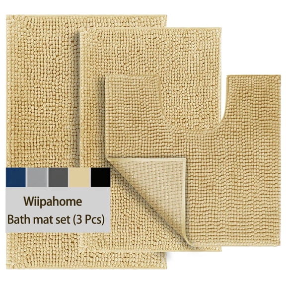 3 Pieces Bath Mat Set, Soft Chenille Bathroom Rugs Mat, Absorbent Spa Shaggy Bath Rugs Set, Machine Washable & Non Slip Bath Mats for Bathroom, Tub, Shower(Soft Pale Yellow)