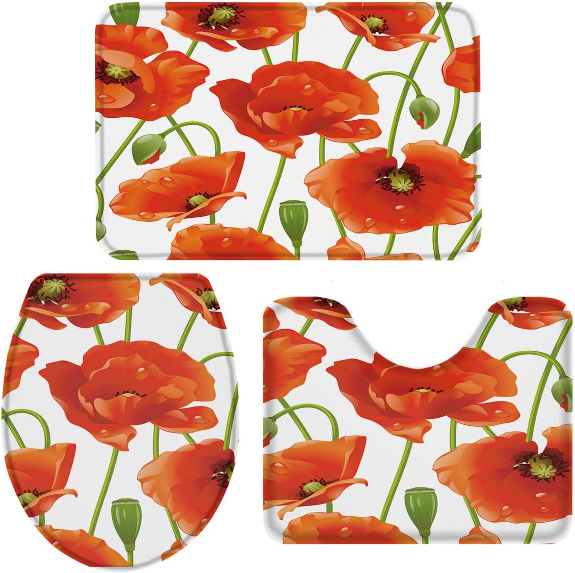 3 Pieces Bath Rug Set Red Poppy Flowers Artwork Design Print Contour