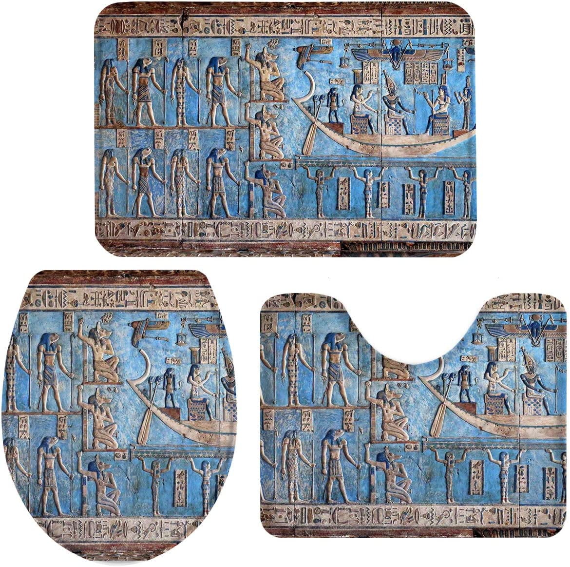 3 Pieces Bath Rug Set Toilet Seat Cover Blue Slate of Ancient Egyptian