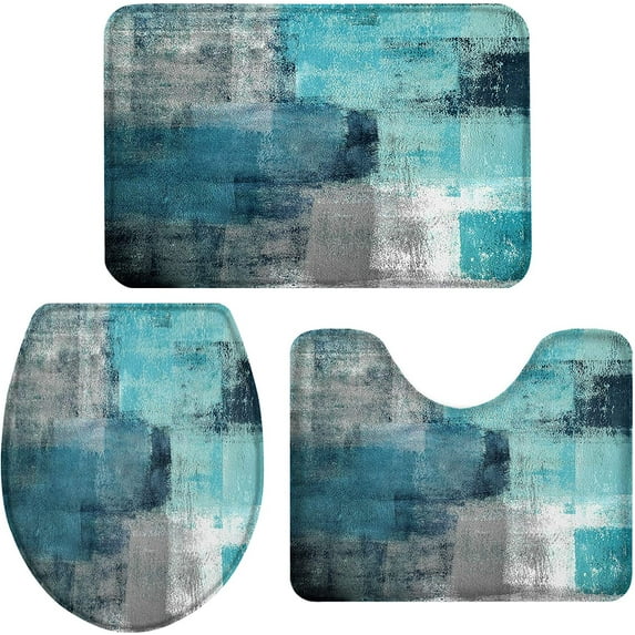 3 Pieces Bath Rug Set Toilet Seat Cover Turquoise and Grey Abstract Art Painting Teal Print Contour Rug Pedestal Mat and Toilet