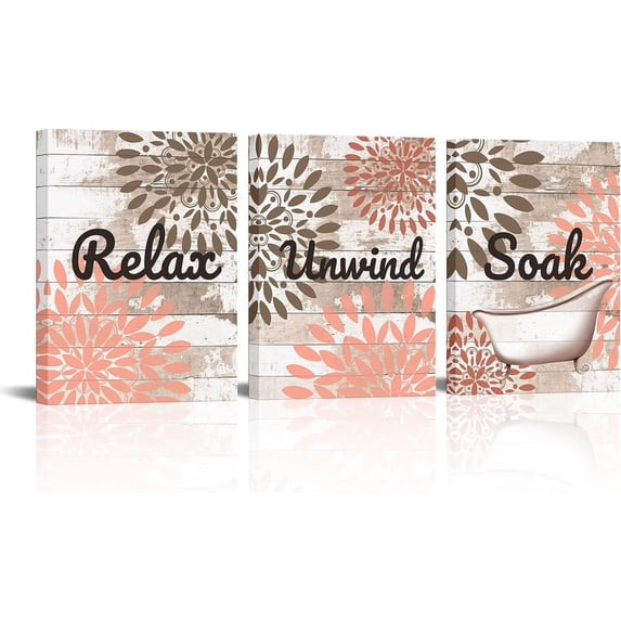 3 Pieces Bathroom Canvas Wall Art Relax Unwind Soak Prints on Rustic Backdrop Painting Pink Dahlia Flower Painting on Wood Board Artwork for Bathroom Wall Decor 12x16inchx3pcs (Red)