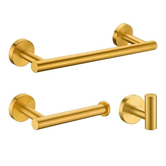 3 Pieces Bathroom Hardware Set 12" Towel Bar Tissue Paper Roll Holders Wall Mounted Hook Brushed Gold Heavy Duty 304 Stainless Steel