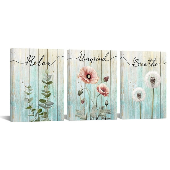 3 Pieces Bathroom Picture Wall Art Abstract Flower and Leaves Painting Relax Unwind Breathe Signs Poster Canvas Print Artwork Framed for Bar Bedroom Each Panel 12x16 Inches (Green)